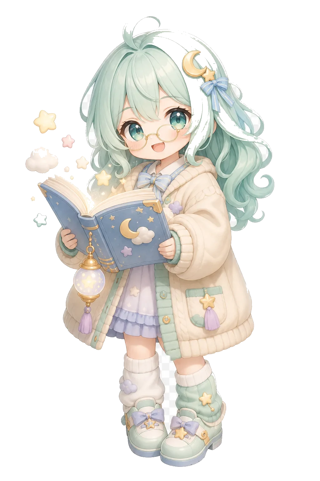 Cute anime dream librarian holding a glowing dream dictionary