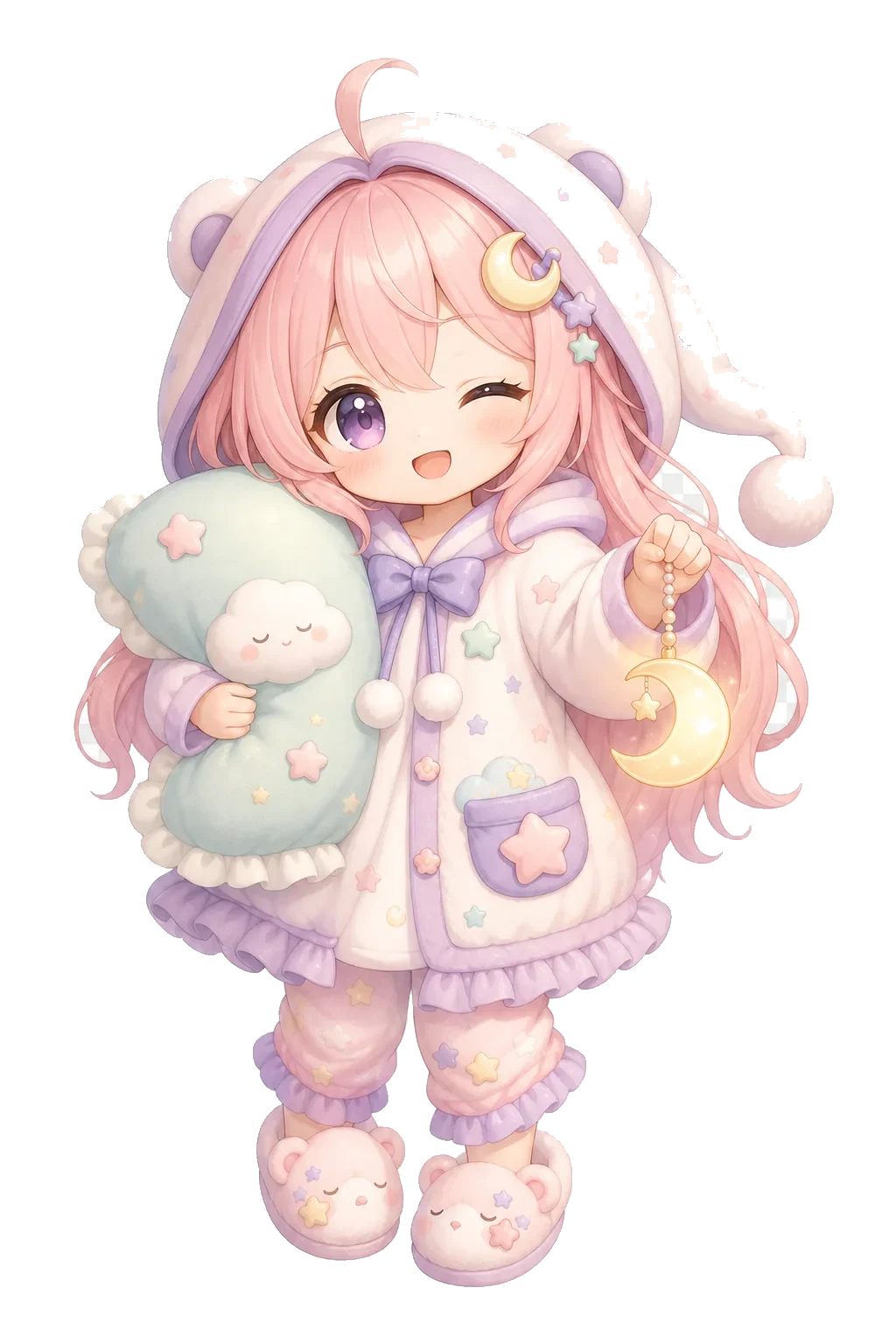 Cute anime sleepy dream helper holding a pillow and moon charm